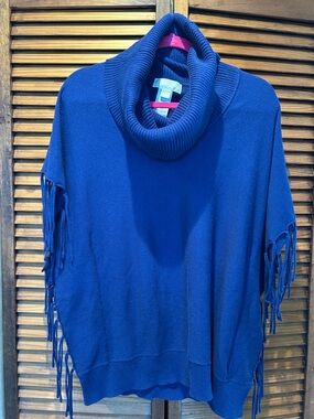 Michael Kors Royal Blue Cowl Neck Fringe Sleeve Sweater Poncho